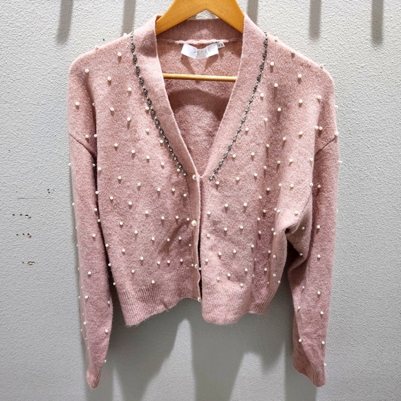 ASTR The Label Women's Faux Pearl & Rhinestones Embellished Cardigan Pink XL EUC - Picture 1 of 7